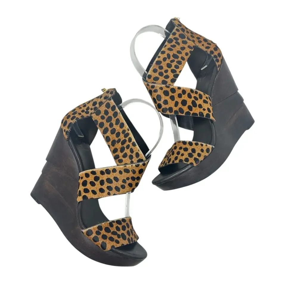 Diane von Furstenberg Opal Wedge Sandals Leopard Leather Calf Hair Brown‎ Size 8